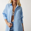Happiness İstanbul Women's Sky Blue Pocket Oversize Muslin Shirt