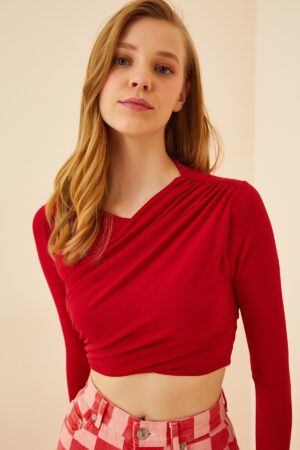 Happiness İstanbul Women's Vibrant Red Pleated Crop Knitted Blouse