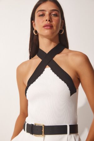 Happiness İstanbul Women's White Barter Neck Crop Knitwear Blouse Happiness İstanbul Women's White Barter Neck Crop Knitwear Blouse