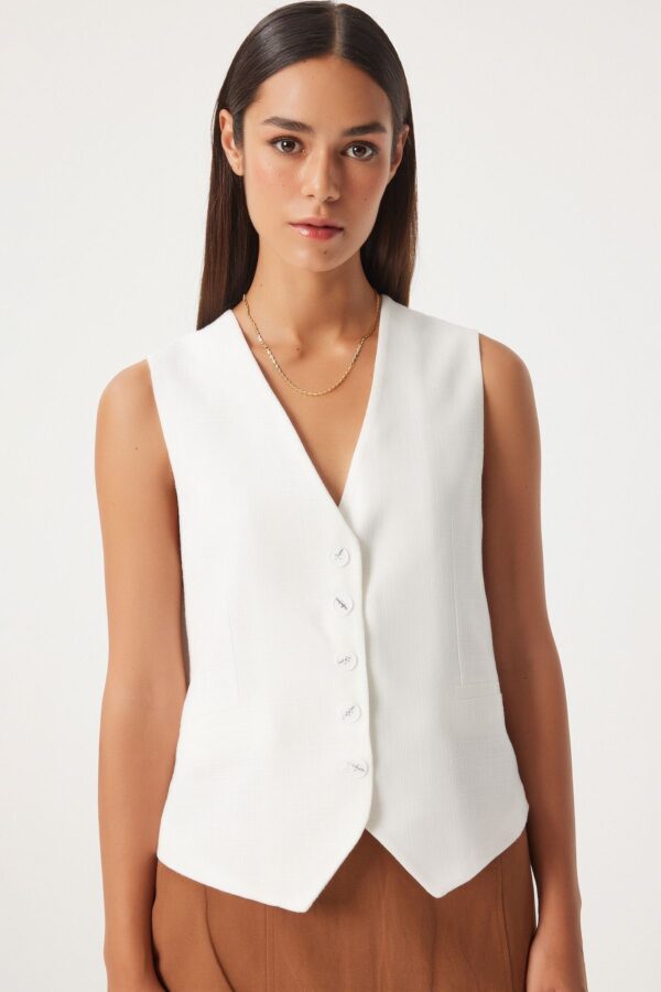Happiness İstanbul Women's White Button-Closed Linen Vest