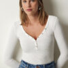 Happiness İstanbul Women's White Buttoned Collar Ribbed Crop Knitted Blouse