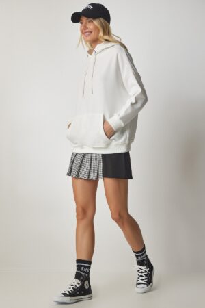 Happiness İstanbul Women's White Hooded Raised Basic Sweatshirt Happiness İstanbul Women's White Hooded Raised Basic Sweatshirt