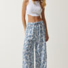 Happiness İstanbul Women's White Light Blue Patterned Raw Linen Palazzo Trousers