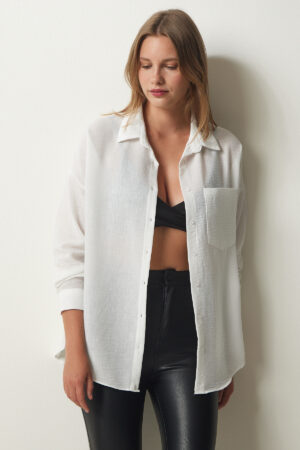 Happiness İstanbul Women's White Oversize Linen Ayrobin Shirt