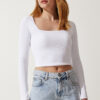 Happiness İstanbul Women's White Square Neck Ribbed Crop Knitted Blouse