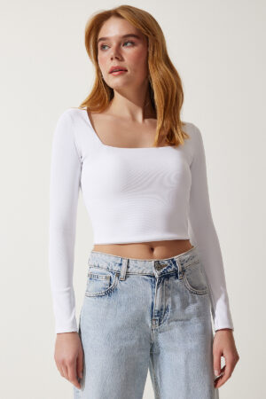 Happiness İstanbul Women's White Square Neck Ribbed Crop Knitted Blouse Happiness İstanbul Women's White Square Neck Ribbed Crop Knitted Blouse