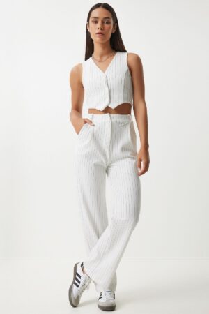 Happiness İstanbul Women's White Thin Striped Knitted Vest Trousers Set