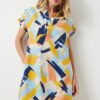 Happiness İstanbul Women's Yellow Blue Polo Neck Patterned Summer Dress