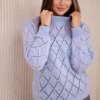 High-neckline sweater with diamond pattern in blue color