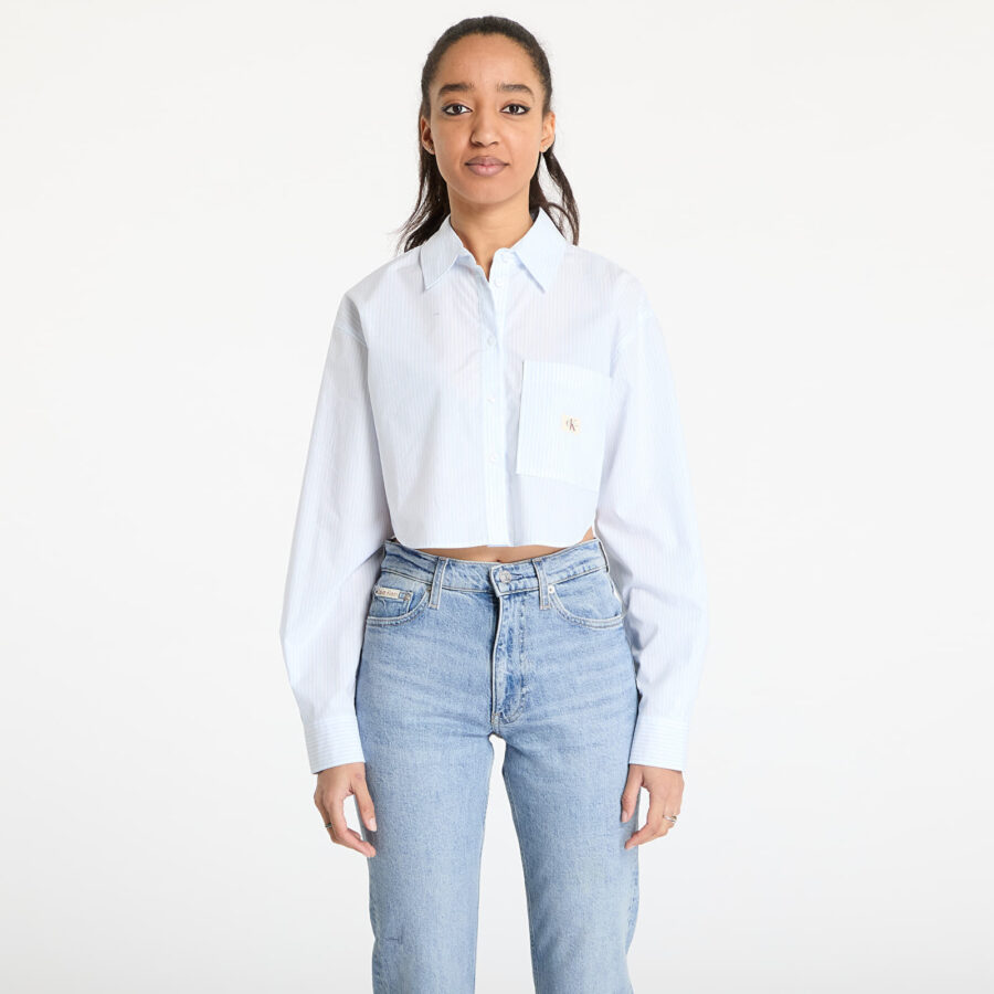 Ing Calvin Klein Jeans Woven Label Cropped Shirt Blue S-alacsony-ár