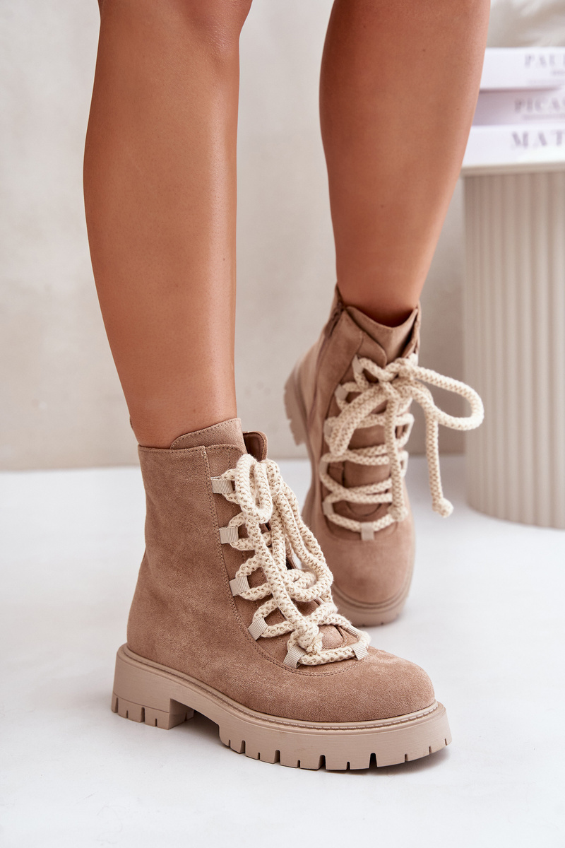 Insulated ankle boots made of eco suede with a zip beige Caellita