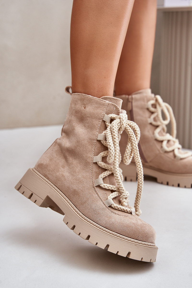 Insulated ankle boots made of eco suede with a zip light beige Caellita