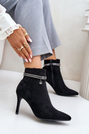 Insulated ankle boots with stiletto heel with decorative strap Eco suede Vinceza black