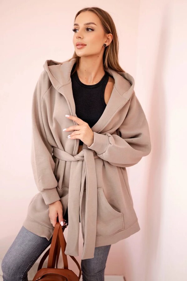 Insulated cape with waist tie dark beige