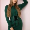 Insulated dress with a decorative belt in dark green color