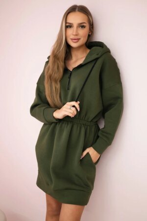 Insulated dress with a hood in khaki color