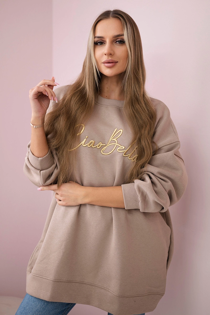 Insulated sweatshirt with Ciao Bella inscription dark beige