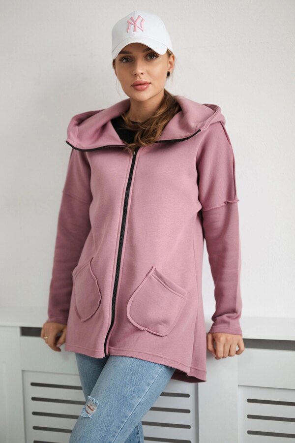 Insulated sweatshirt with a longer back and pockets in dark pink