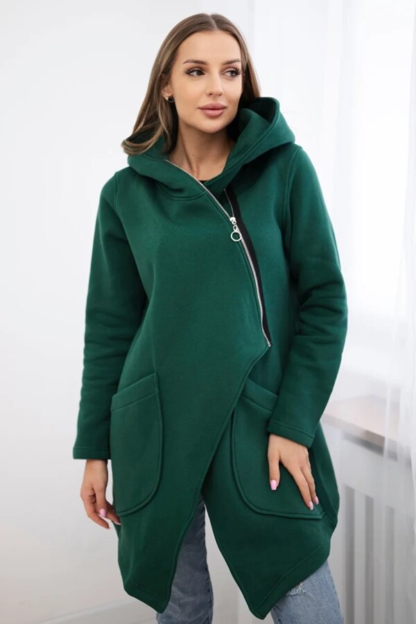 Insulated sweatshirt with asymmetrical zipper in dark green color