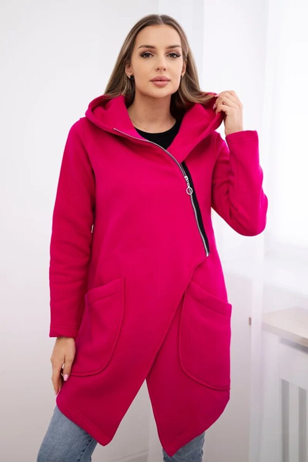 Insulated sweatshirt with fuchsia asymmetrical zipper