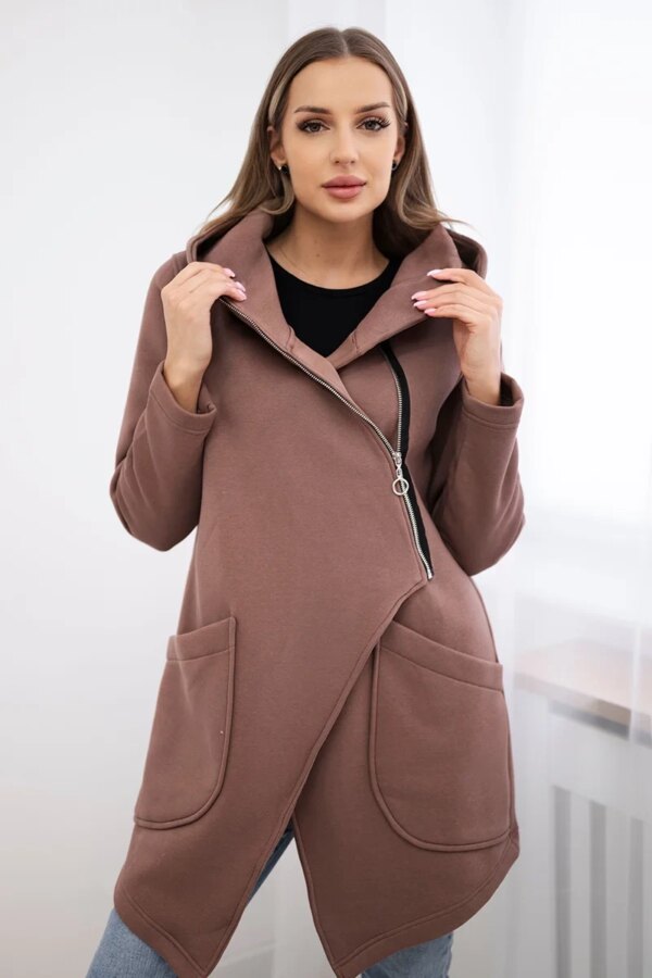Insulated sweatshirt with mocha asymmetrical zipper