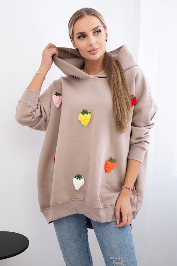 Insulated sweatshirt with strawberry motif dark beige