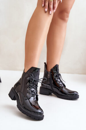 Insulated women's ankle boots on a low heel lacquered Vinceza black