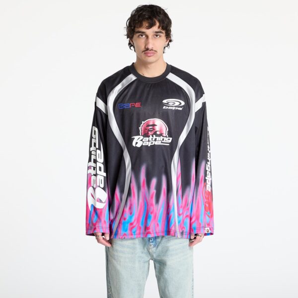 Jersey A BATHING APE Flame Pattern Multilogo Relaxed Fit Football Jersey UNISEX Black S-alacsony-ár