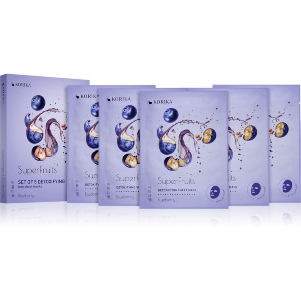 KORIKA SuperFruits Blueberry - Set of 5 Detoxifying Face Sheet Masks arcmaszk szett kedvezményes áron méregtelenítő hatással Blueberry-Ár