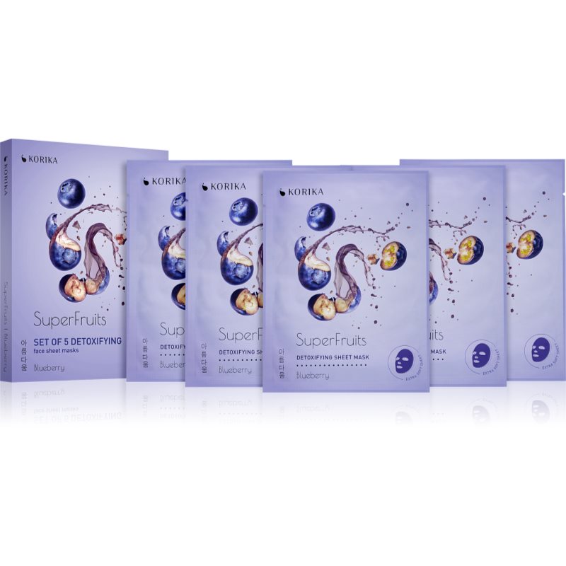 KORIKA SuperFruits Blueberry - Set of 5 Detoxifying Face Sheet Masks arcmaszk szett kedvezményes áron méregtelenítő hatással Blueberry-Ár