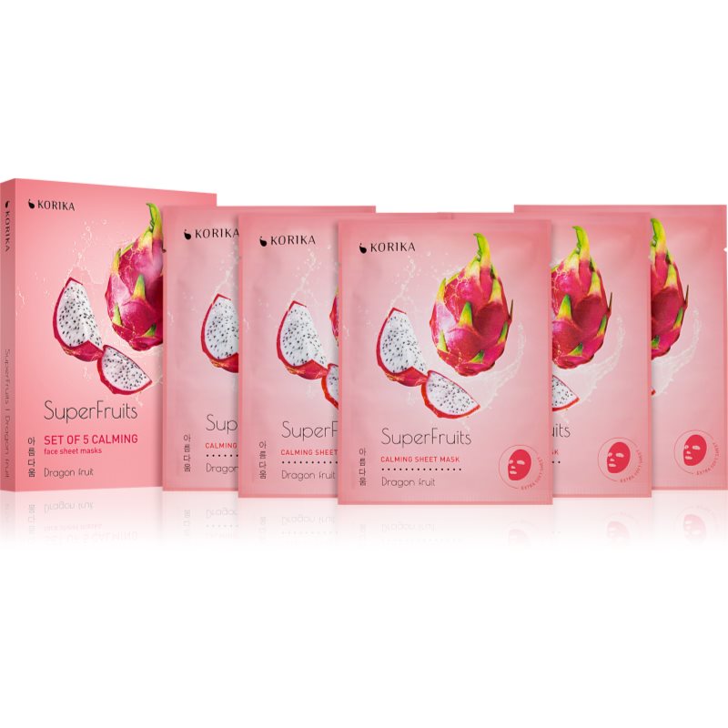 KORIKA SuperFruits Dragon Fruit - Set of 5 Calming Face Sheet Masks arcmaszk szett kedvezményes áron nyugtató hatással Dragon fruit-Ár