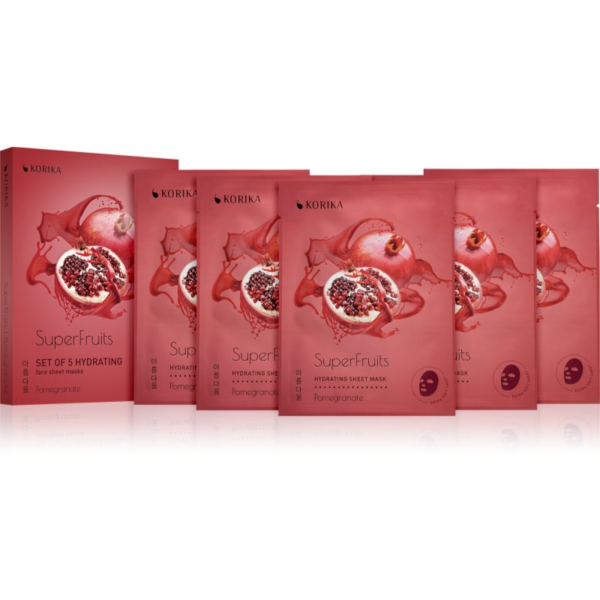 KORIKA SuperFruits Pomegranate - Set of 5 Hydrating Face Sheet Masks arcmaszk szett kedvezményes áron hidratáló hatással Pomegranate-Ár
