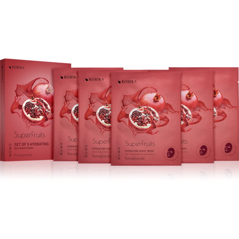 KORIKA SuperFruits Pomegranate - Set of 5 Hydrating Face Sheet Masks arcmaszk szett kedvezményes áron hidratáló hatással Pomegranate-Ár