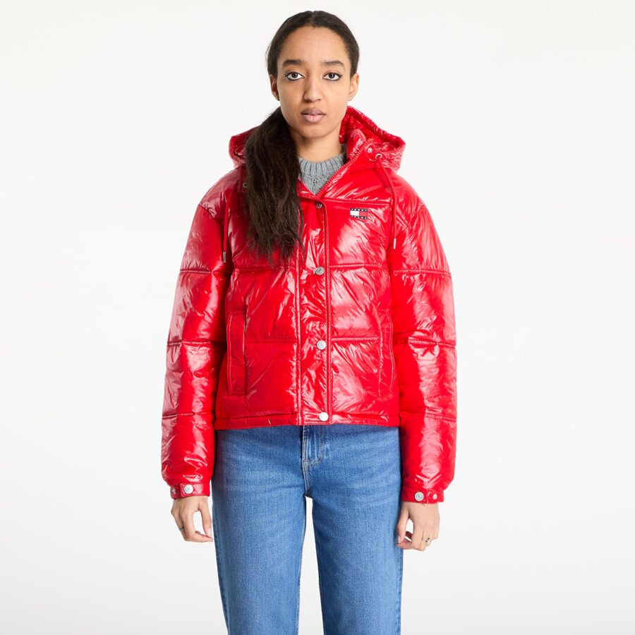 Kabát Tommy Jeans Shiny Hooded Badge Jacket Red XS-alacsony-ár
