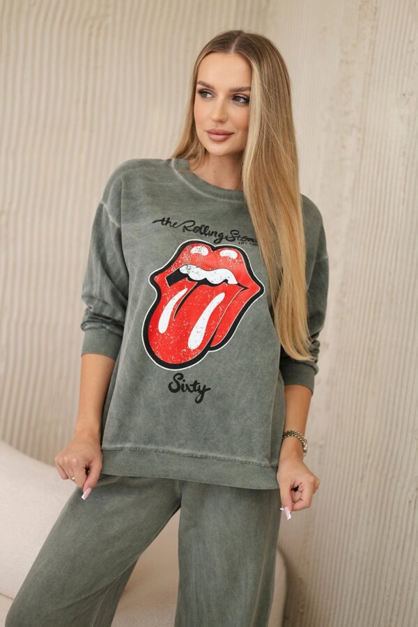 Kesi Włoski Cotton set wiped with print sweatshirt + pants khaki
