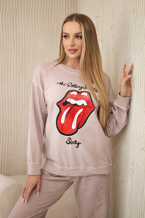Kesi Włoski Cotton set wiped with print sweatshirt + pants powder pink