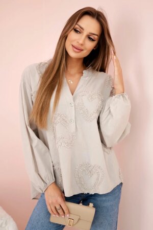 Kesi Włoski Cotton shirt blouse with hearts dark beige