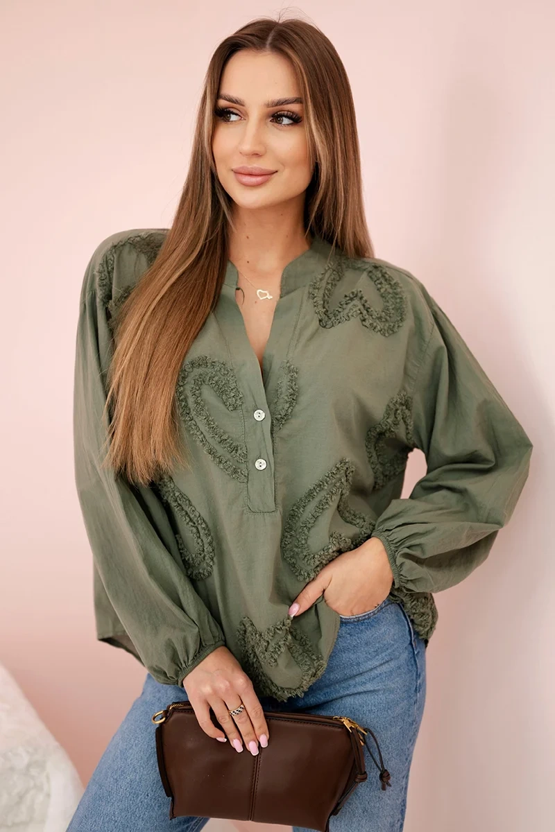 Kesi Włoski Cotton shirt blouse with hearts khaki