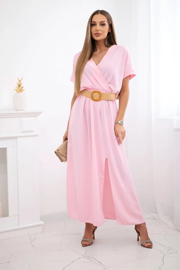 Kesi Włoski Long dress with a decorative belt candy pink