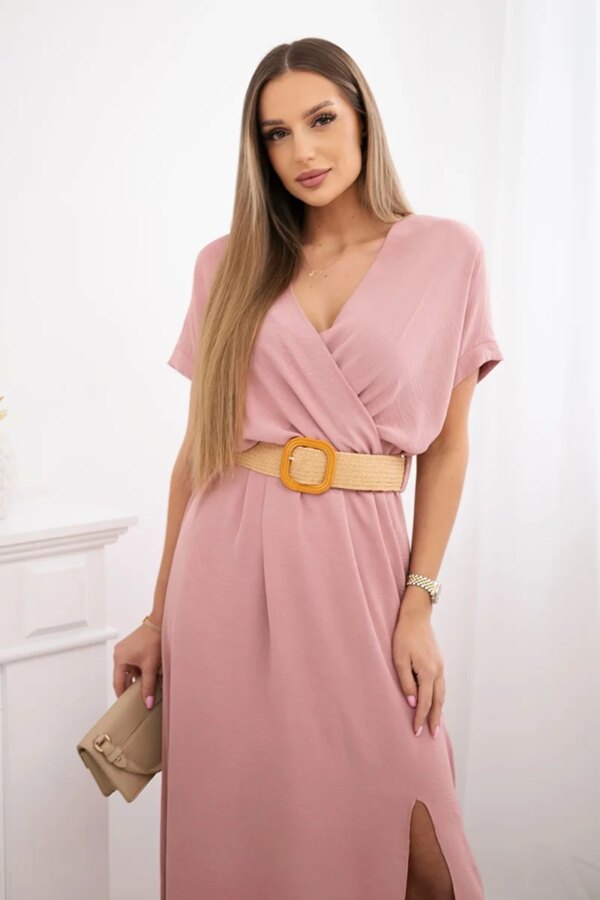 Kesi Włoski Long dress with a decorative belt  dark powder pink