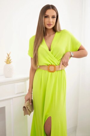 Kesi Włoski Long dress with a decorative belt neon green