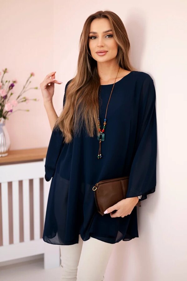 Kesi Włoski Oversized Women's Blouse Made of Viscose with a Necklace Navy Blue