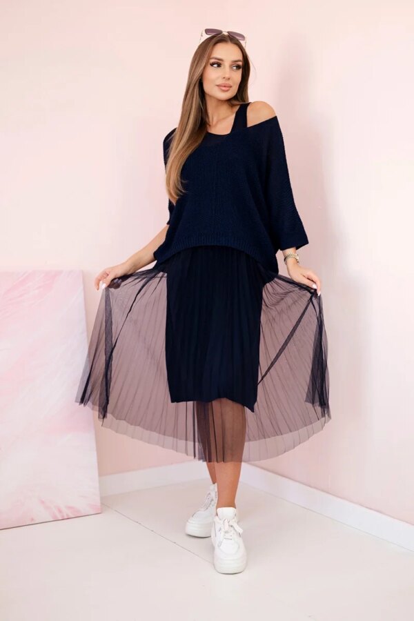 Kesi Włoski Pleated dress with an openwork sweater navy blue