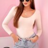 Kesi Włoski Women's bodysuit blouse with long sleeves and a deep neckline beige