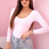 Kesi Włoski Women's bodysuit blouse with long sleeves and a deep neckline candy pink