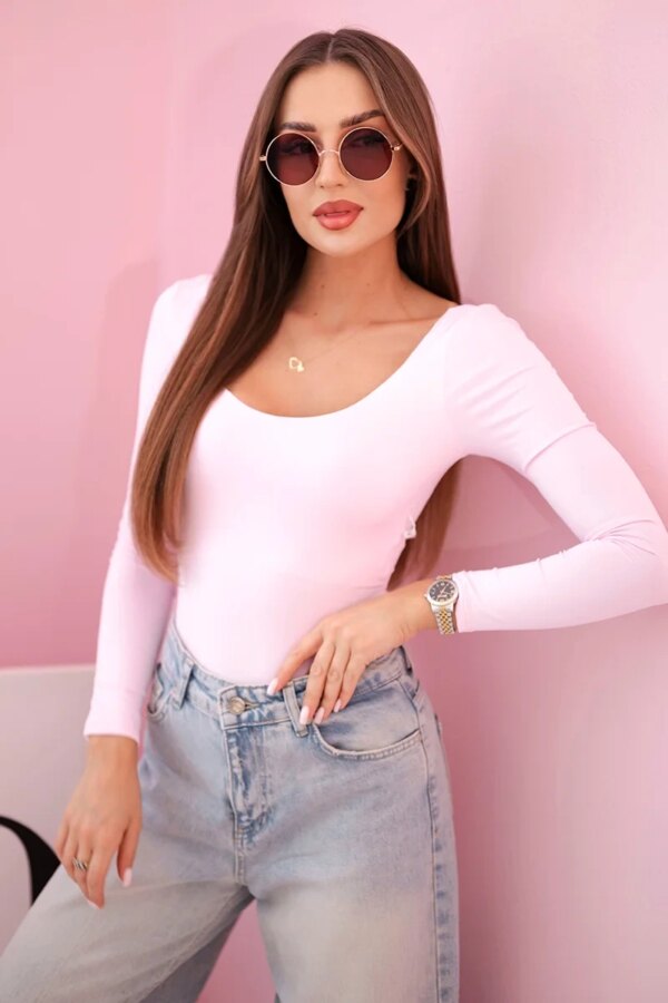 Kesi Włoski Women's bodysuit blouse with long sleeves and a deep neckline candy pink