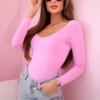 Kesi Włoski Women's bodysuit blouse with long sleeves and a deep neckline pink