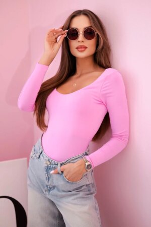 Kesi Włoski Women's bodysuit blouse with long sleeves and a deep neckline pink