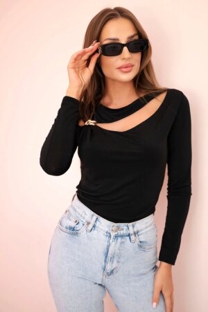 Kesi Włoski Women's bodysuit blouse with ruffles and decorative buckle black