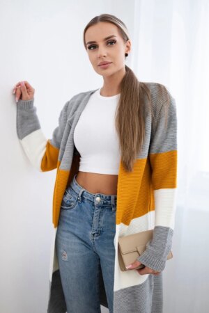 Kesi Women's Knitted Cardigan - Grey + Yellow + Ecru